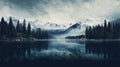 Serene Snowy Lake With Misty Mountains And Tall Pine Trees