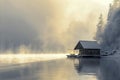 a serene, snowy landscape with a cabin on a calm lake, surrounded by misty forests under soft golden light Royalty Free Stock Photo