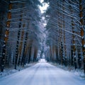 A serene snowy path winds through a sunlit forest, the trees blanketed in thick frost, creating a tranquil winter landscape