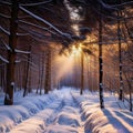 A serene snowy path winds through a sunlit forest, the trees blanketed in thick frost, creating a tranquil winter landscape