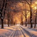 A serene snowy path winds through a sunlit forest, the trees blanketed in thick frost, creating a tranquil winter landscape