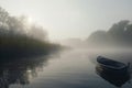 Serene Solitude: A Lone Rowboat on a Misty Morning Lake Royalty Free Stock Photo