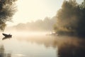 Serene Solitude: A Lone Rowboat on a Misty Morning Lake Royalty Free Stock Photo