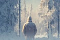 Serene solitude Man in winter forest, captivated by snowy scenery