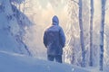 Serene solitude Man in winter forest, captivated by snowy scenery