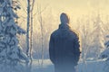 Serene solitude Man in winter forest, captivated by snowy scenery