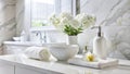 Serene Spa Bathroom White Marble, Floral Accents, Clean Composition Royalty Free Stock Photo