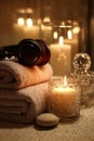 Serene Spa Retreat: Tranquil Setting with Ambient Candles and Warm Towels Royalty Free Stock Photo