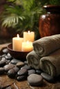 Serene Spa Retreat: Tranquil Setting with Ambient Candles and Warm Towels Royalty Free Stock Photo