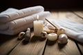 Serene Spa Scene: Massage Table Close-up, Natural Elements, Essential Oils & Waterfall