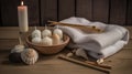 Serene Spa Scene: Massage Table Close-up, Natural Elements, Essential Oils & Waterfall