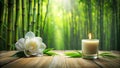 Serene spa setting bamboo grove backdrop with lit candle and white flower. Generative AI Royalty Free Stock Photo