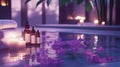 Spa Scene With Towels, Aromatherapy Oils, Candles, and Floating Flowers Royalty Free Stock Photo