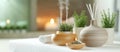 Serene spa setup with calming herbal elements, featuring candles and plants for relaxation., ai generative Royalty Free Stock Photo