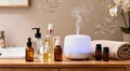 Serene Spa Setup with Essential Oils and Aromatherapy Diffusers Royalty Free Stock Photo
