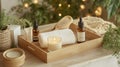 A serene spa setup featuring oils, a candle, towel, and natural elements for relaxation Royalty Free Stock Photo