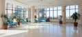 Serene and spacious empty hospital hallway with reception clinic in light blue and white tones Royalty Free Stock Photo