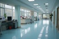 Serene and spacious empty hospital hallway with reception clinic in soft blue and white tones