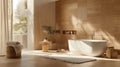 A serene spalike bathroom with light natural cork flooring and earthy textured cork wall panels. The walls feature a Royalty Free Stock Photo