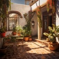 Serene Spanish Courtyard with Lush Plants and Classic Bistro Set. A Sunny Urban Oasis. Rustic Charm of a Mediterranean Patio