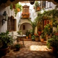 Serene Spanish Courtyard with Lush Plants and Classic Bistro Set. A Sunny Urban Oasis. Rustic Charm of a Mediterranean Patio