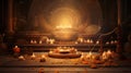 A serene and spiritual Diwali background featuring a beautifully decorated puja prayer room with candles, AI generated