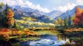 Serene Splendor: A Dreamy Mountain River Scene with Flocking Bir