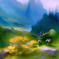 Serene splendor.Majestic mountains, verdant earth, and graceful gazelle amidst misty greenery.AI generated