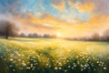 A serene Spring Bank Holiday sunrise over an ethereal meadow, delicate flowers in bloom, bathed in soft golden light Royalty Free Stock Photo