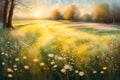 A serene Spring Bank Holiday sunrise over an ethereal meadow, delicate flowers in bloom, bathed in soft golden light Royalty Free Stock Photo