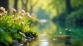 Serene spring blossoms by a tranquil stream in a lush green forest. Generative AI Royalty Free Stock Photo