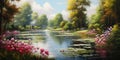 Serene Spring: A Breathtaking Morning of Pond Flowers and Trees