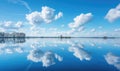 A serene spring lake reflecting the clear blue sky and fluffy white clouds Royalty Free Stock Photo