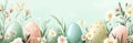 In a serene spring landscape, pastel Easter eggs are nestled among blooming flowers, symbolizing Easter joy and renewal Royalty Free Stock Photo