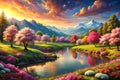 Serene spring sunset valley river reflection, idyllic floral landscape Royalty Free Stock Photo