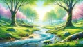 Serene Springtime Forest Landscape with Stream