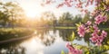 Serene Springtime Park Scene Pink Blossoms by Calm Pond at Sunset Royalty Free Stock Photo