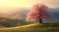 Serene springtime scene with cherry blossom tree standing alone on grassy hill under soft golden sunlight, surrounded by rolling Royalty Free Stock Photo