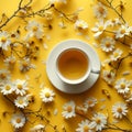 Serene Springtime Tea Party A Cup Amidst Blossoms on a Sunny Yellow Backdrop. Generative AI Royalty Free Stock Photo