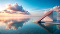 Serene steps to a calm horizon at sunset. Generative AI Royalty Free Stock Photo