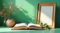 Serene still life open book, dried flowers, empty frame, and greenery basking in sunlight. Generative AI Royalty Free Stock Photo