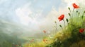 A serene stock image featuring red poppies with a soft landscape backdrop Royalty Free Stock Photo