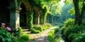 Serene stone archway garden path with lush greenery and tranquil water feature. Generative AI Royalty Free Stock Photo