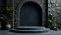Serene stone archway with two-tiered display platform and lush greenery. Generative AI Royalty Free Stock Photo