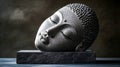 serene stone Buddha head sculpture rests on dark marble base. ai generative Royalty Free Stock Photo