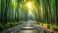 Serene stone path winding through a lush bamboo forest bathed in sunlight. Generative AI Royalty Free Stock Photo