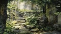 Serene Stone Stair Painting In The Style Of Suehiro Maruo