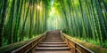 Serene stone steps ascending through a lush bamboo forest bathed in golden sunlight. Generative AI Royalty Free Stock Photo