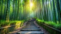 Serene stone steps ascending through a lush bamboo forest bathed in sunlight. Generative AI Royalty Free Stock Photo
