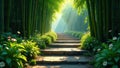 Serene stone steps ascending through a lush bamboo forest bathed in sunlight. Generative AI Royalty Free Stock Photo